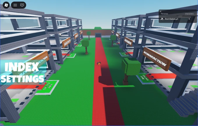 Mapa del juego Find the Noobsi Book Characters en Roblox mostrando las bases de los personajes del libro con carteles y una alfombra roja central