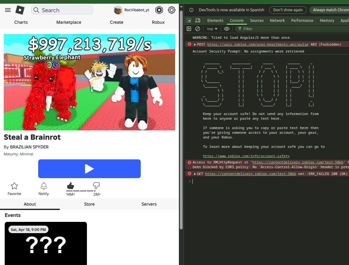 Steal a Brainrot Roblox page with the browser console open showing the STOP warning message