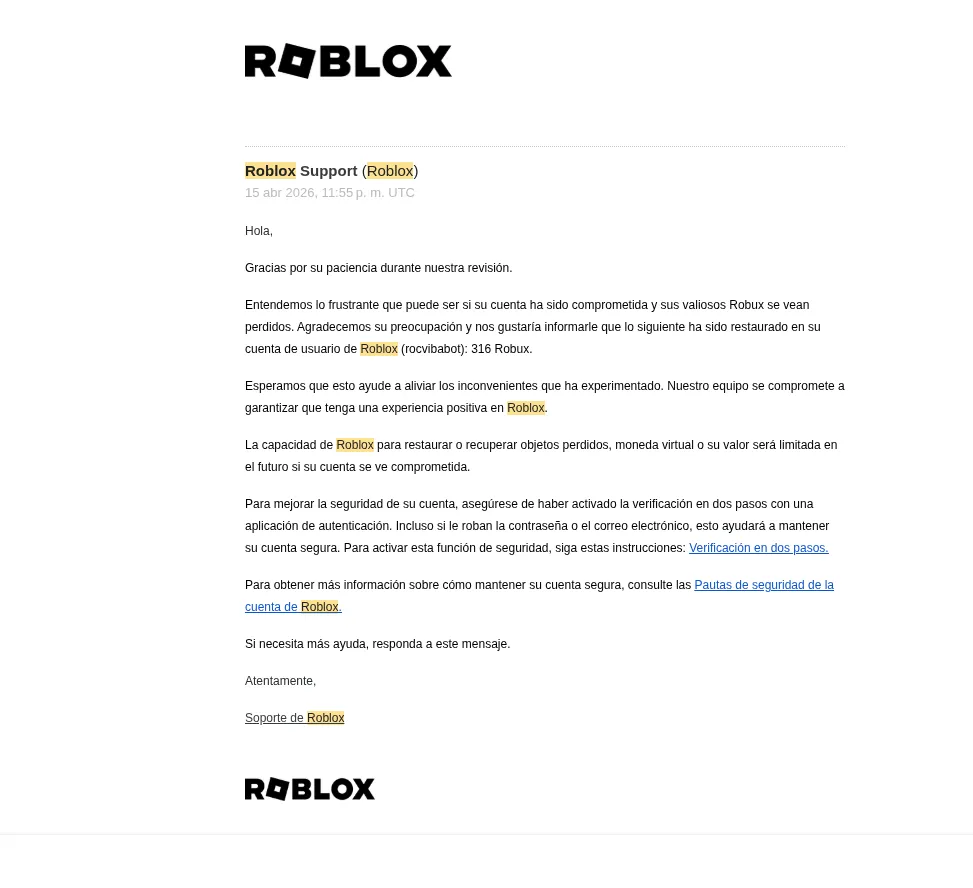 Roblox Support email confirming the restoration of 316 Robux to rocvibabot's account
