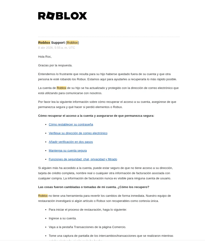 Roblox support response confirming they are investigating the case and providing account recovery steps